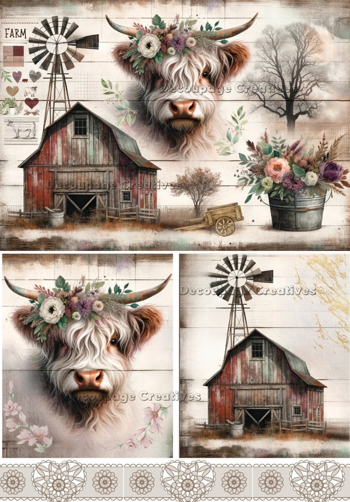 highland Cow with red barnand windmills Decoupage Creatives Rice Paper