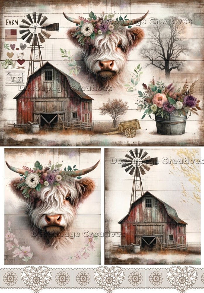 Highland Cow with red barn and windmills Decoupage Creatives Rice Paper
