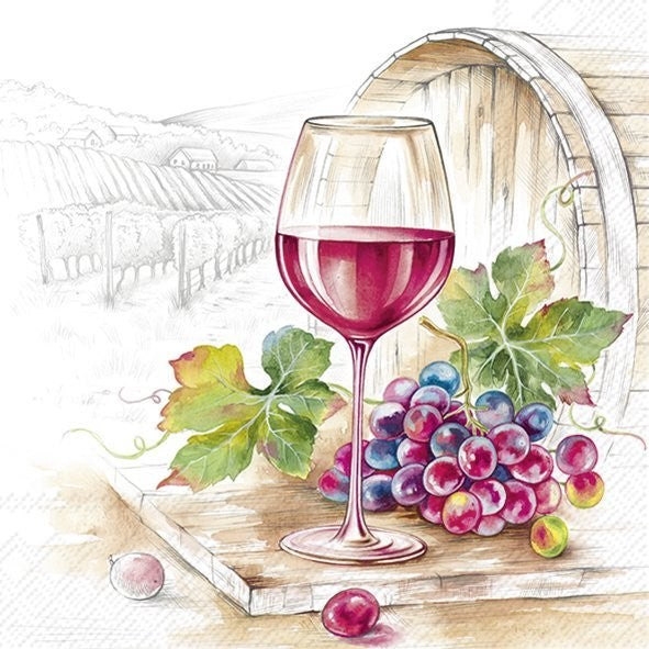 Illustration of a glass of red wine with grapes and leaves on a wooden surface.