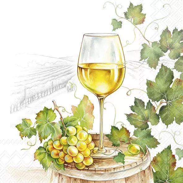 Illustration of a glass of white wine on a barrel with grapes and leaves.