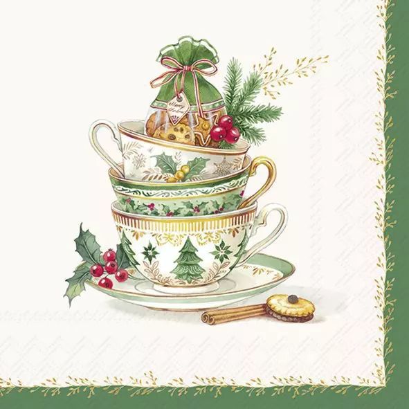 Stack of Christmas-themed teacups with decorative elements on a white background
