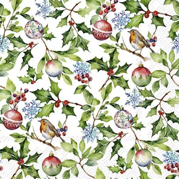Christmas-themed pattern with holly leaves, berries, ornaments, and birds on a white background.