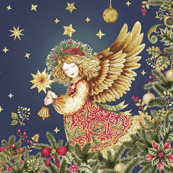 Golden angel with christmas greenery on navy blue background