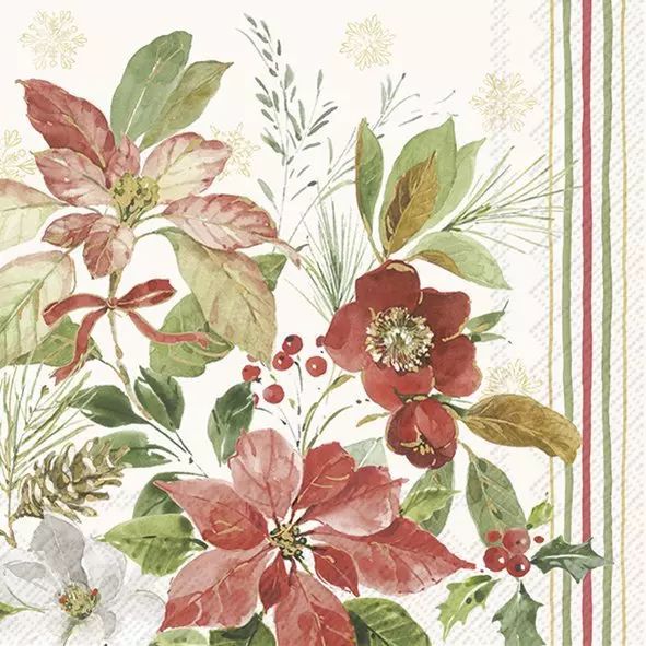 Decorative paper with poinsettias, holly, and winter foliage on a white background.