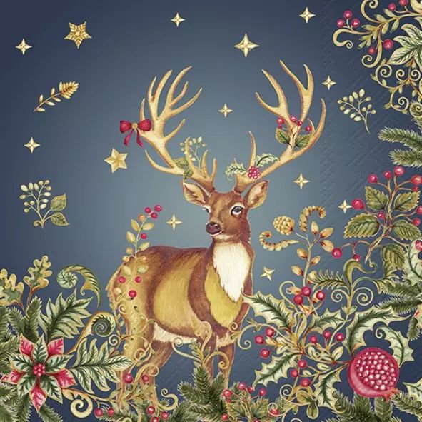 Decorative design with a deer surrounded by foliage and stars on a dark blue background