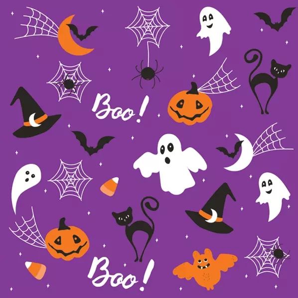 Halloween-themed pattern with ghosts, pumpkins, cats, and webs on a purple background.