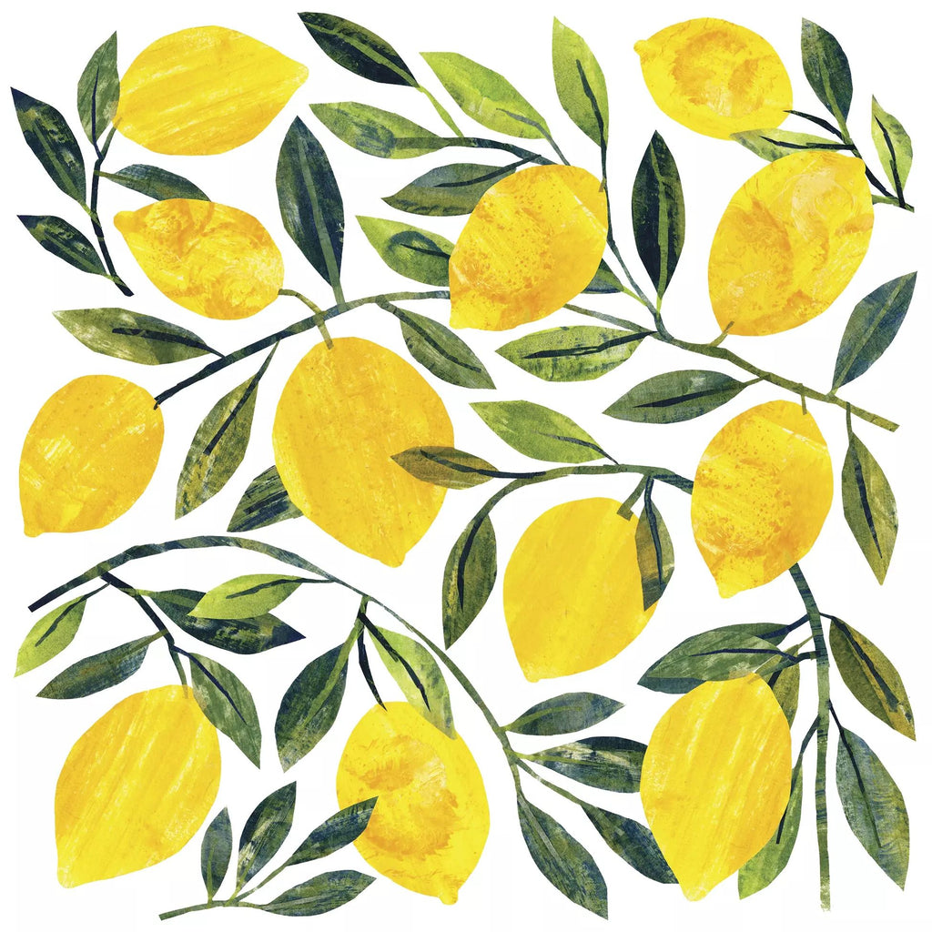 Pattern of yellow lemons and green leaves on a white background