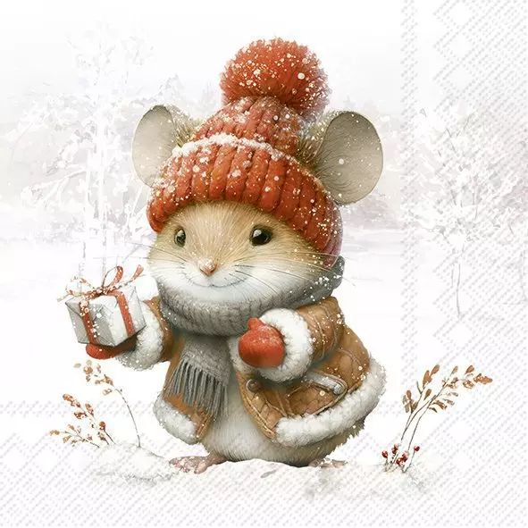 Illustration of a mouse in winter clothing holding a gift on a snowy background