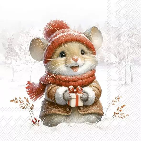 Illustration of a mouse wearing a red hat and scarf, holding a gift in the snow.