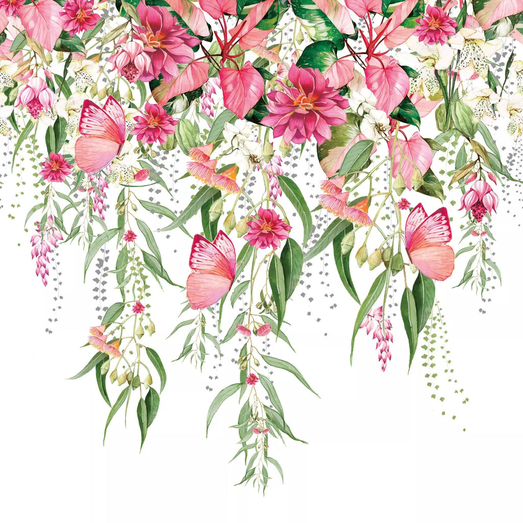 Floral design with pink flowers and butterflies on a white background