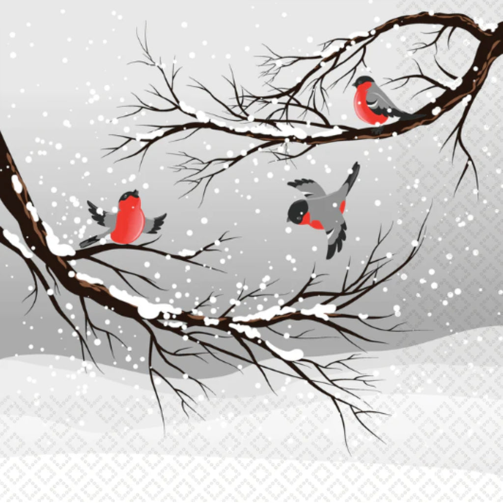 Birds perched on snow-covered branches with a snowy background