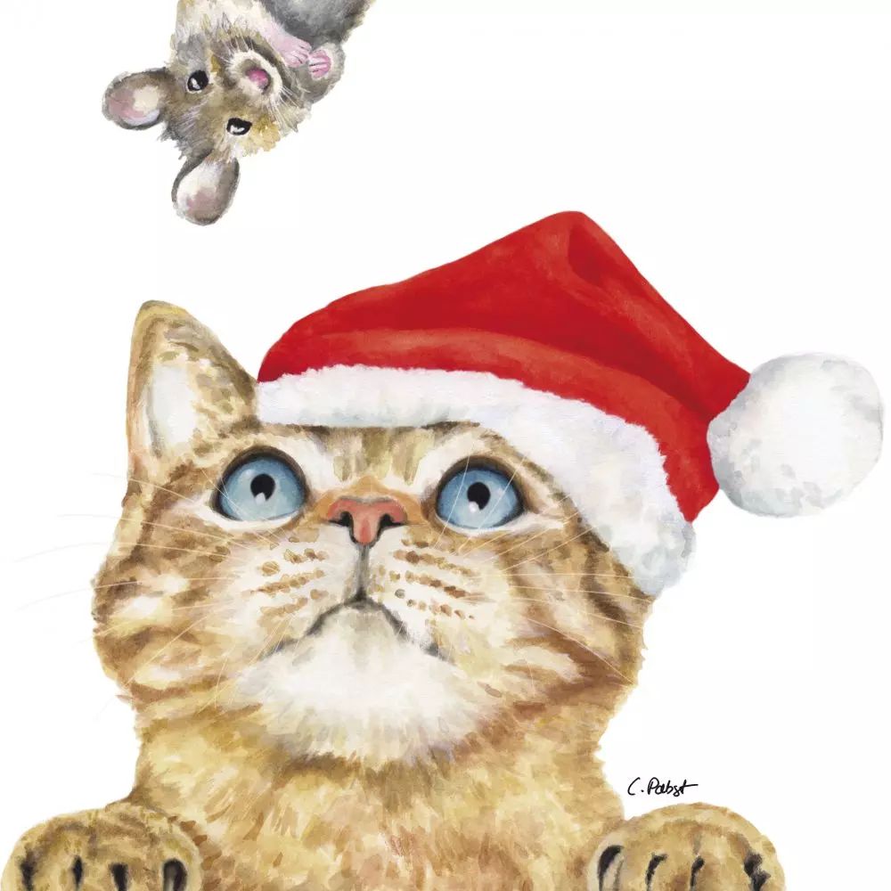 Cat wearing a Santa hat with a mouse peeking from behind on a white background