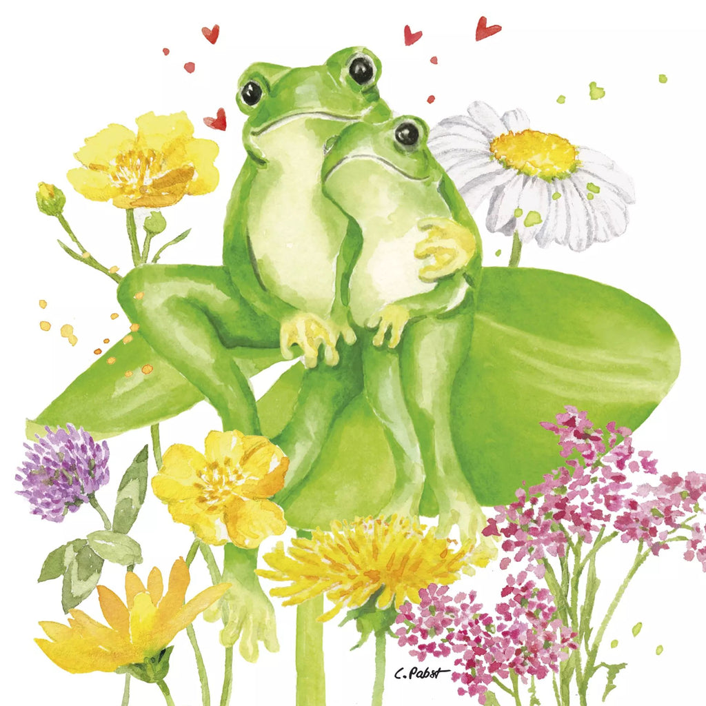 Two green frogs sitting on a leaf surrounded by flowers on a white background