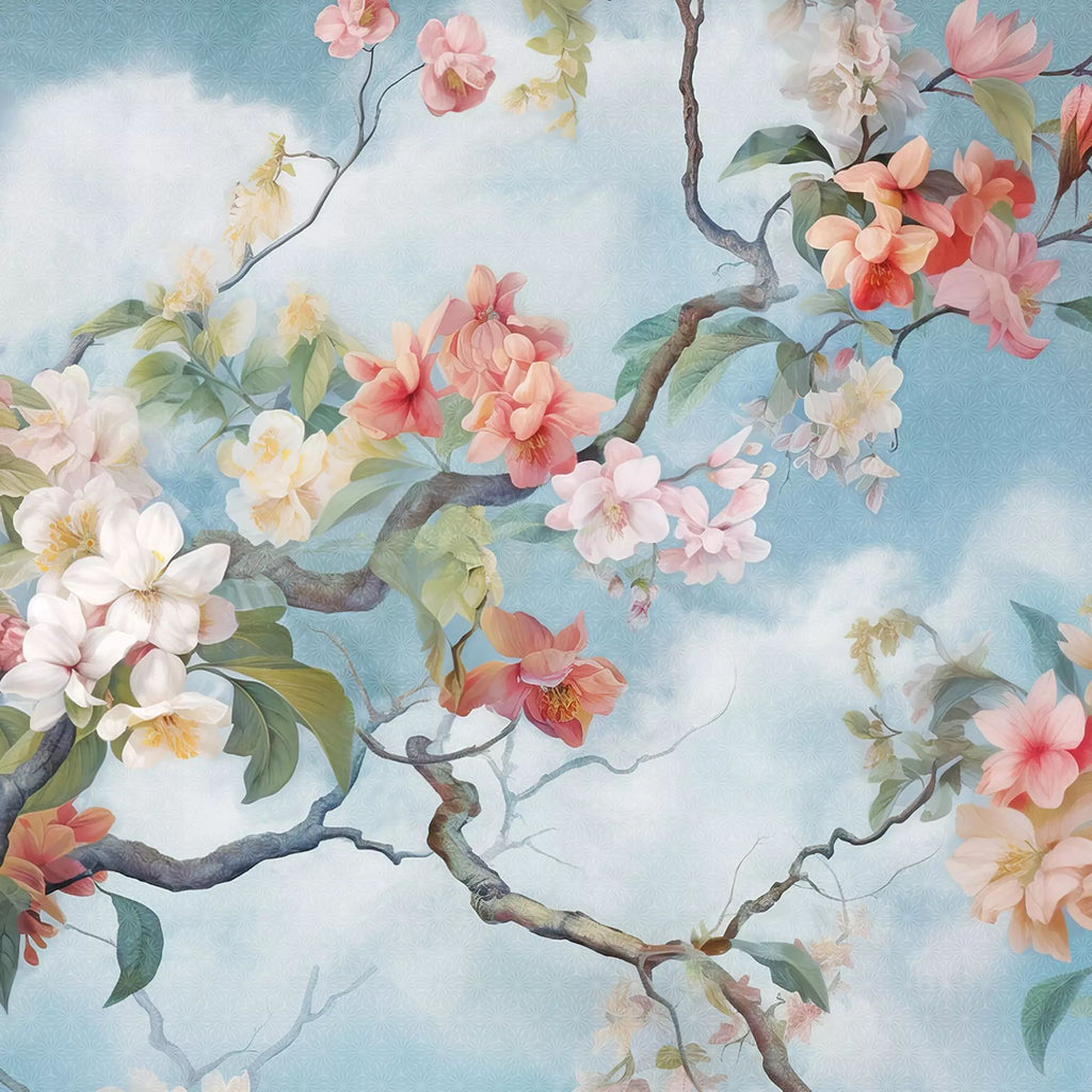 Floral design with pink, white, and orange flowers on a light blue background