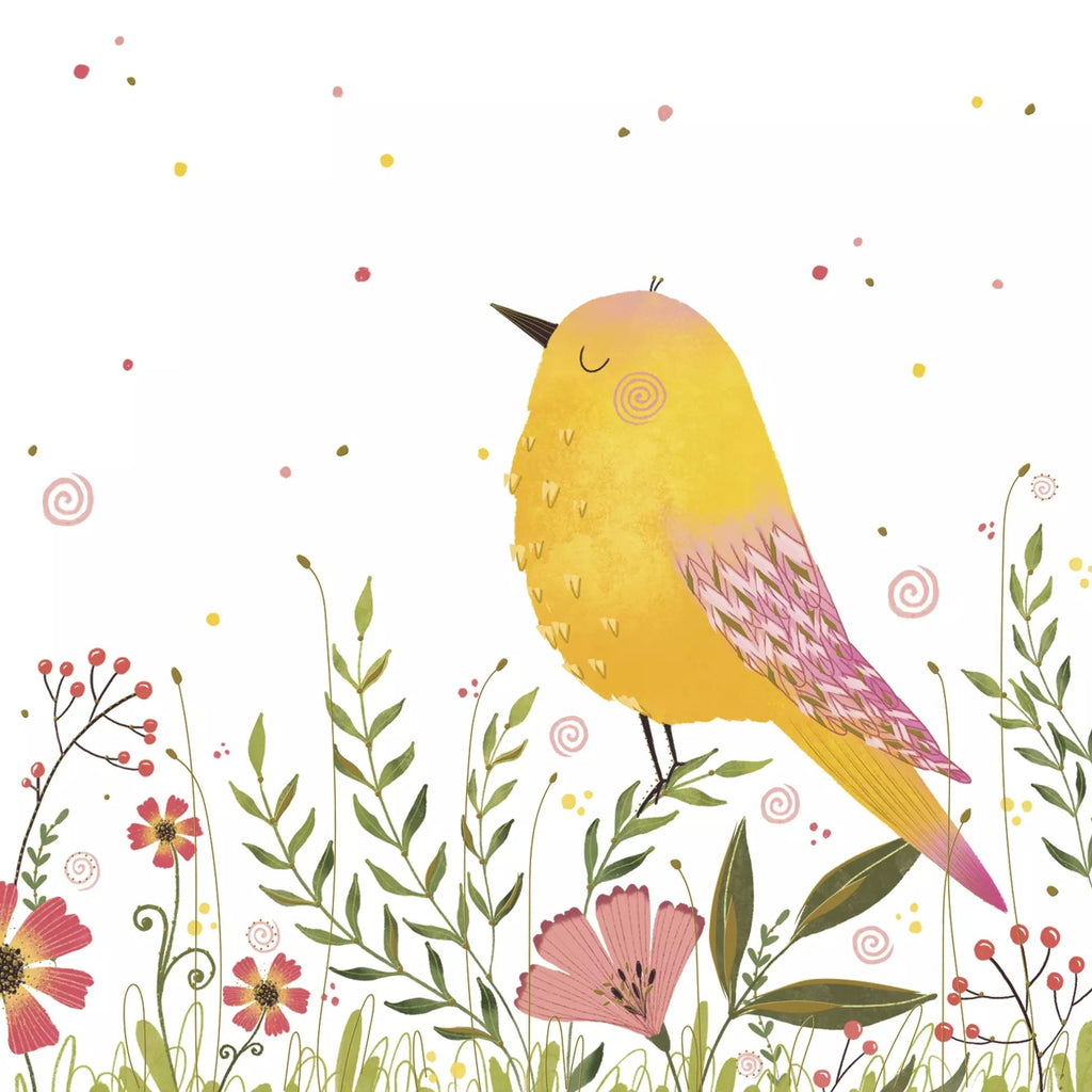 Illustration of a yellow bird with pink wings surrounded by flowers and leaves on a white background