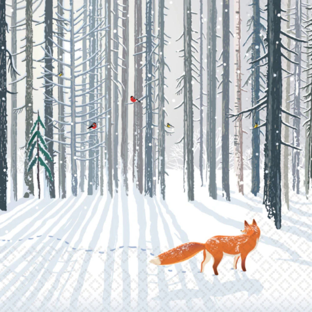 Winter forest scene with a fox walking through snow