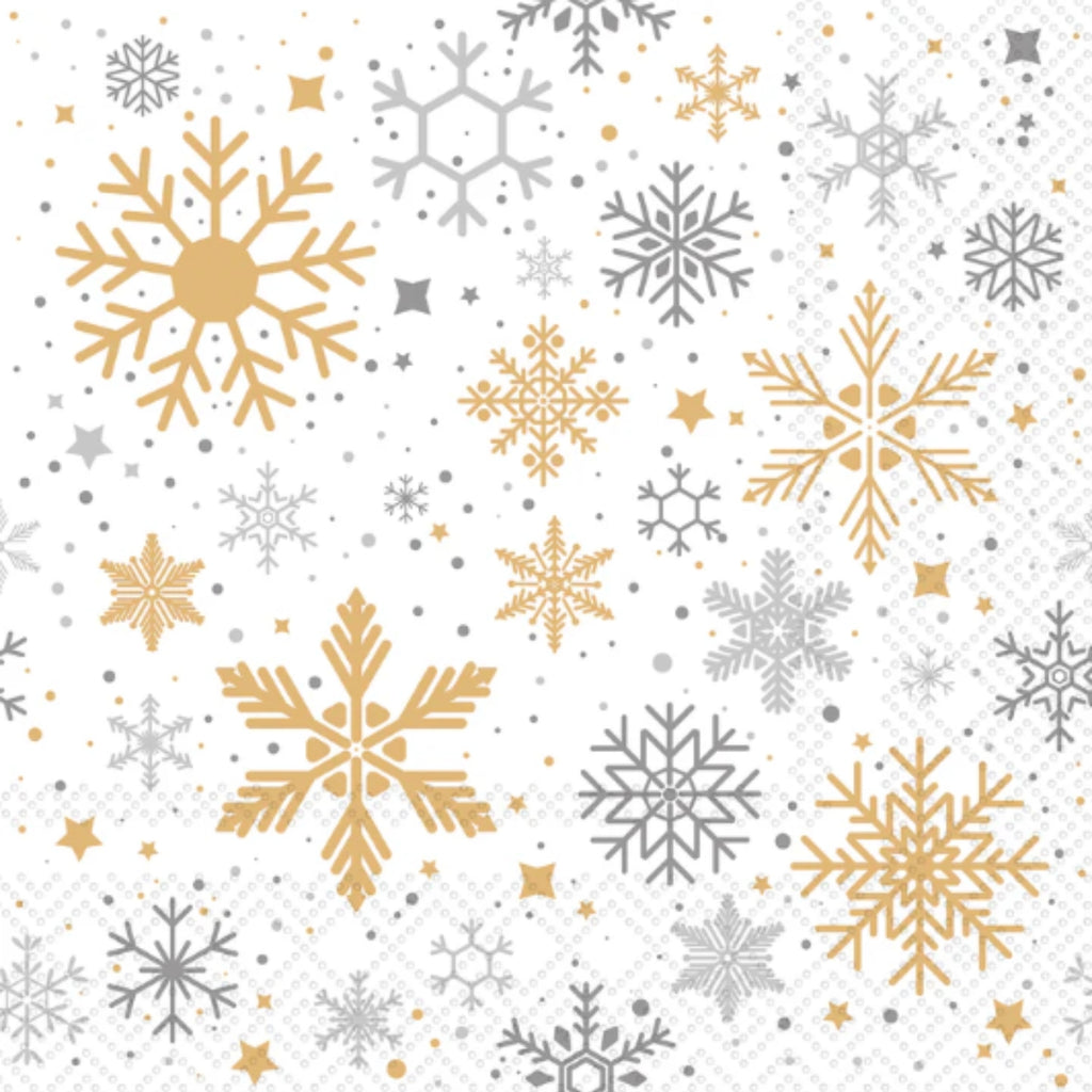 Pattern of gold and gray snowflakes on a white background