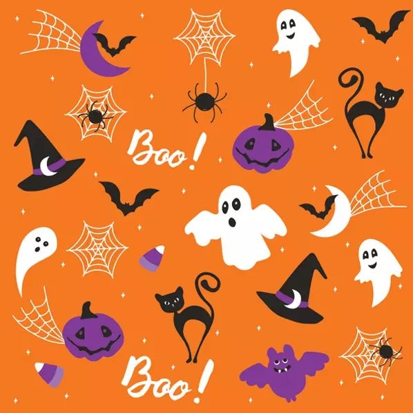 Halloween-themed pattern with ghosts, pumpkins, cats, and spiders on an orange background.