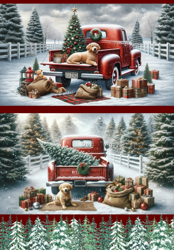 Red Truck with Christmas tree in the back with Yellow dog, and christmas presents Decoupage Creatives Rice Paper