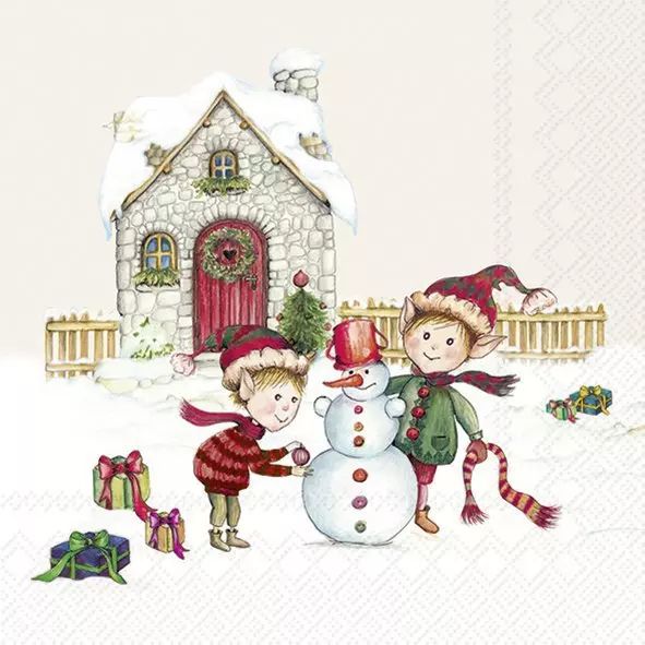 Children building a snowman in front of a small house with Christmas decorations.