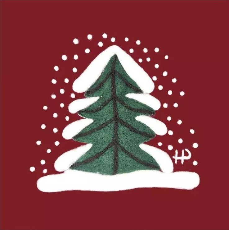 Green Christmas tree with snow on a red background