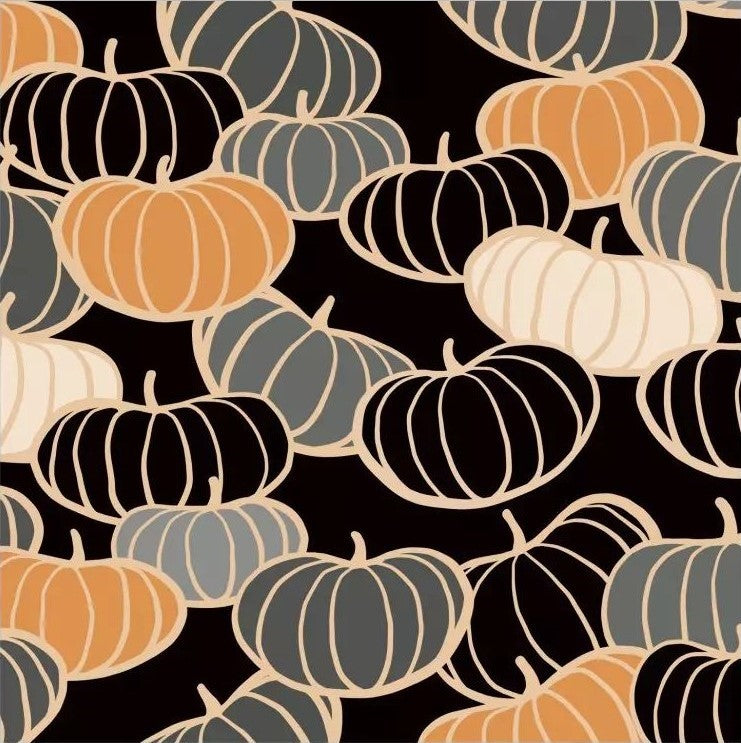 Pattern of pumpkins in orange, gray, and white on a black background
