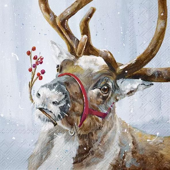 Illustration of a reindeer with antlers and a red muzzle, surrounded by snow and berries.