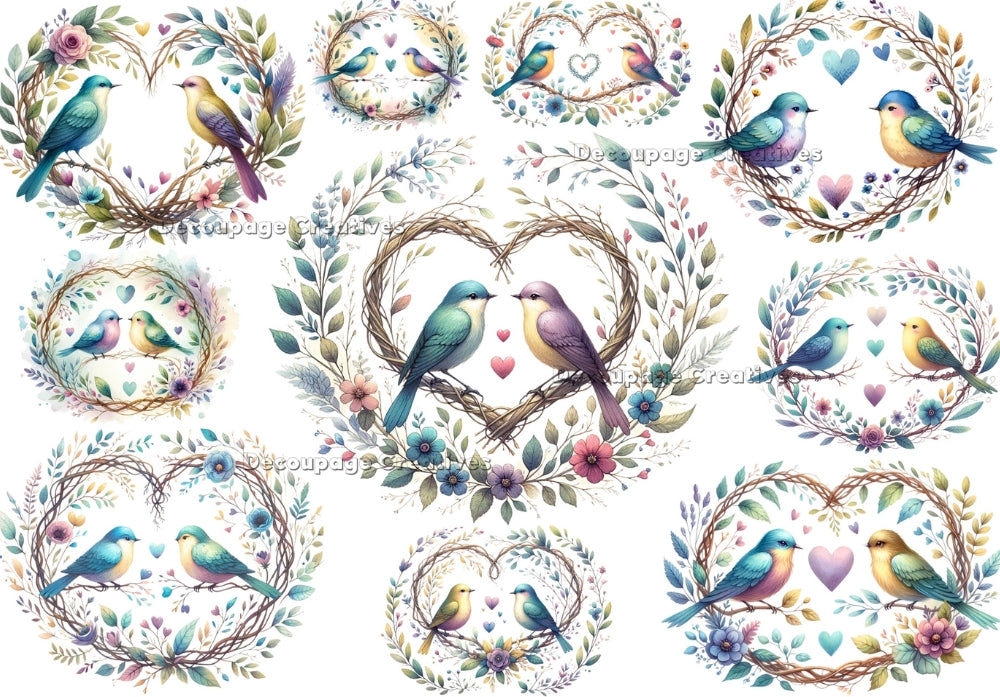 love birds in heart shape stick wreath and flowers Decoupage Creatives Rice Paper