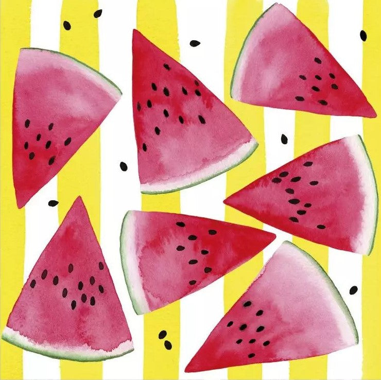 Illustration of watermelon slices on a yellow and white striped background