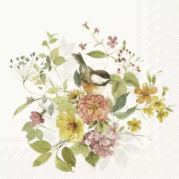 Napkin with a bird and floral design on a white background