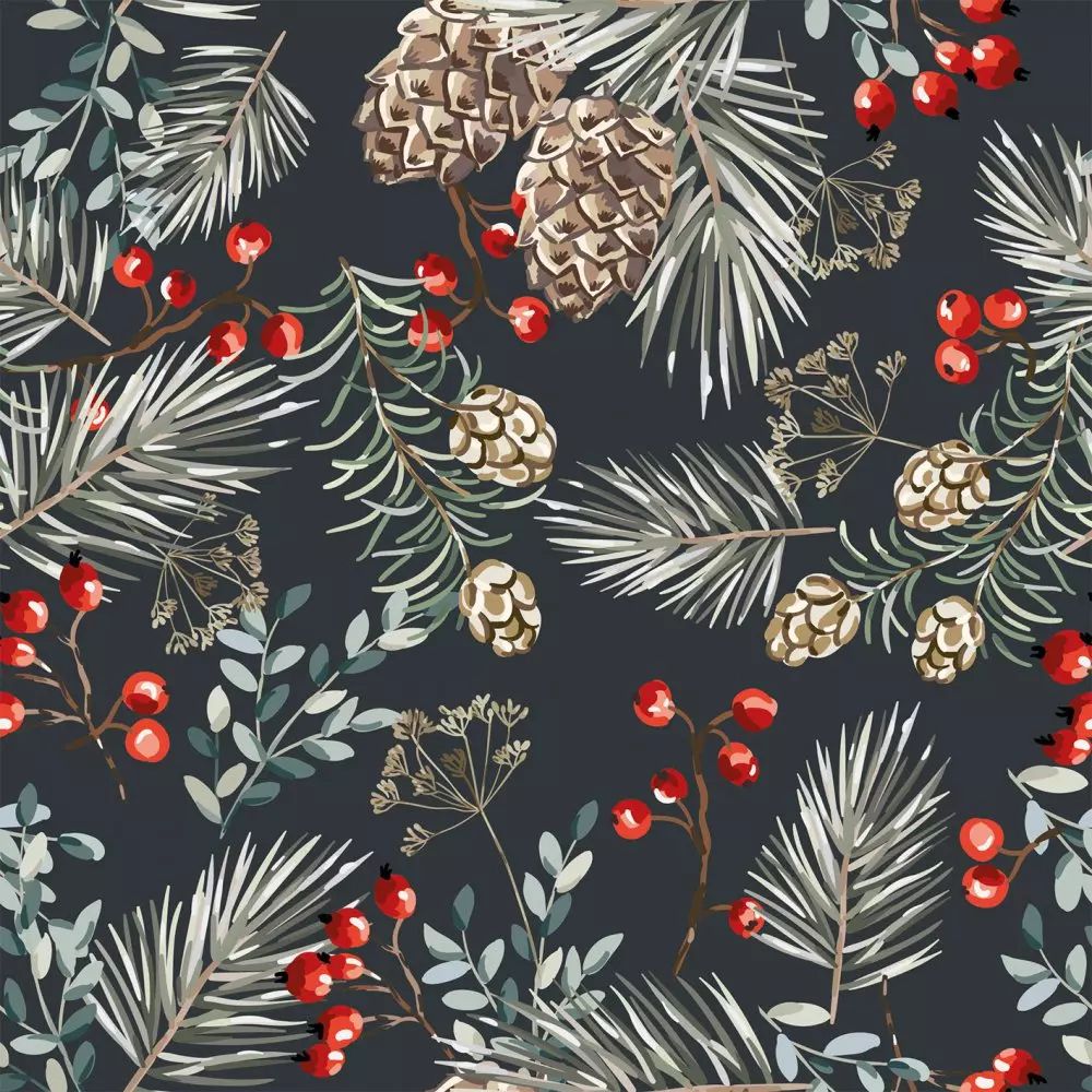 Pattern of pine cones, branches, and red berries on a dark background