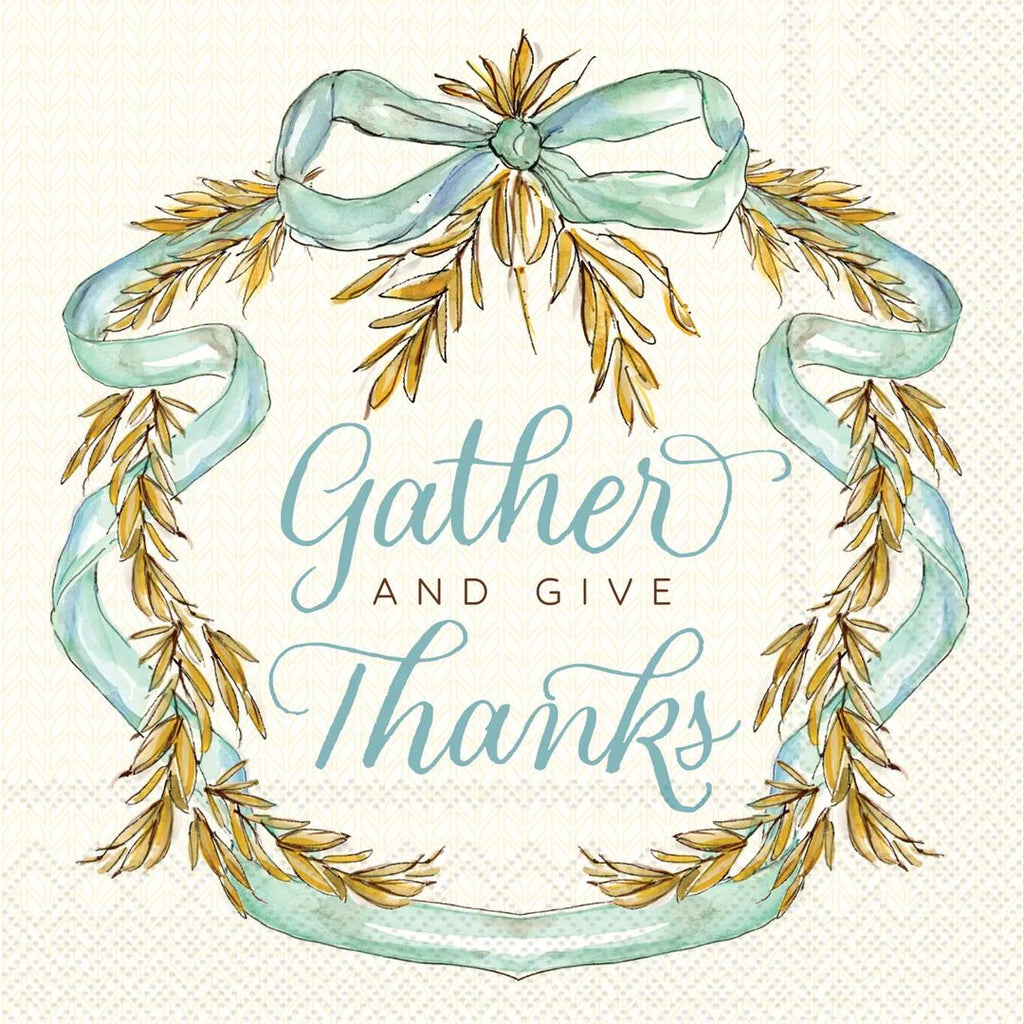Decorative design with 'Gather and Give Thanks' text surrounded by ribbons and leaves on a white background.