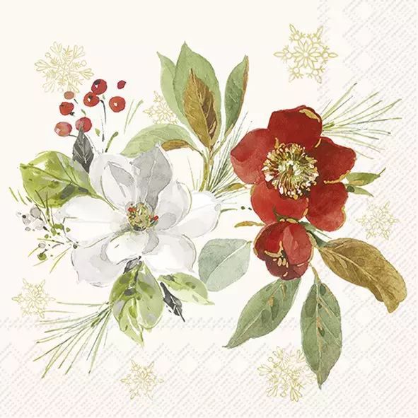 Decorative paper napkin with red and white flowers and green leaves on a white background.
