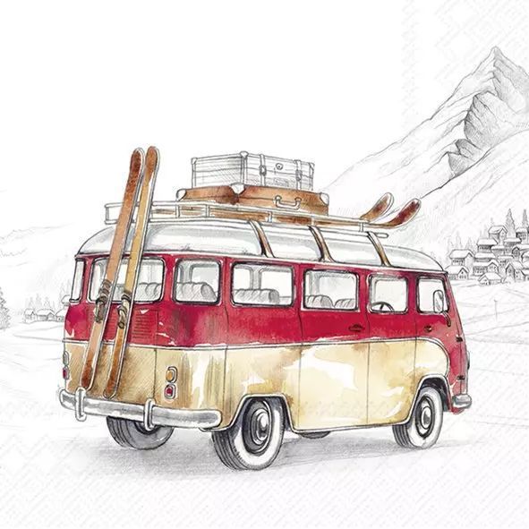 Illustration of a vintage van with luggage and skis on a snowy mountain background