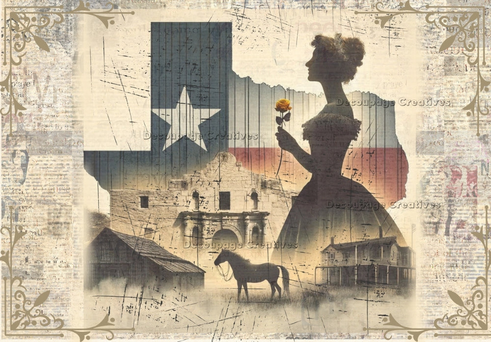 vintage lady in  Silhouette over the state of Texas with texas flag, the alamo holding a yellow rose Decoupage Creatives Rice Paper 
