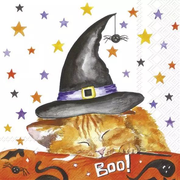 Halloween-themed napkin with a cat wearing a witch hat and 'BOO!' text, surrounded by colorful stars.