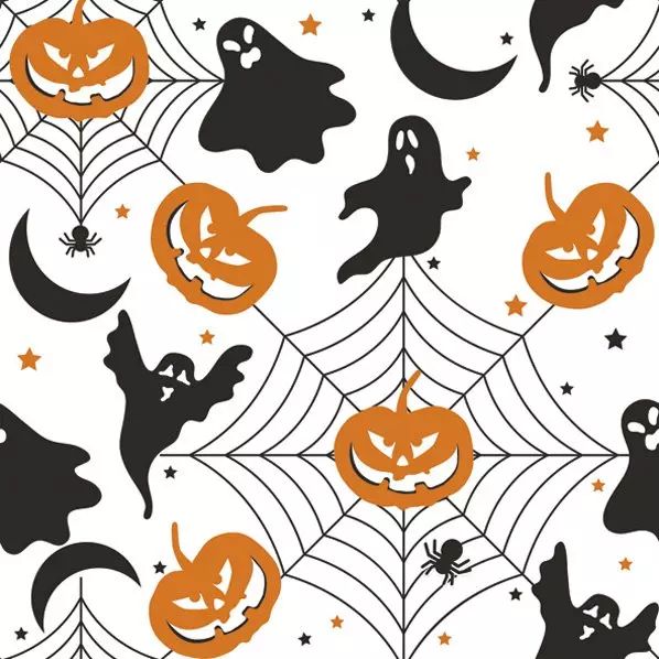 Halloween-themed pattern with pumpkins, ghosts, and spider webs on a white background.