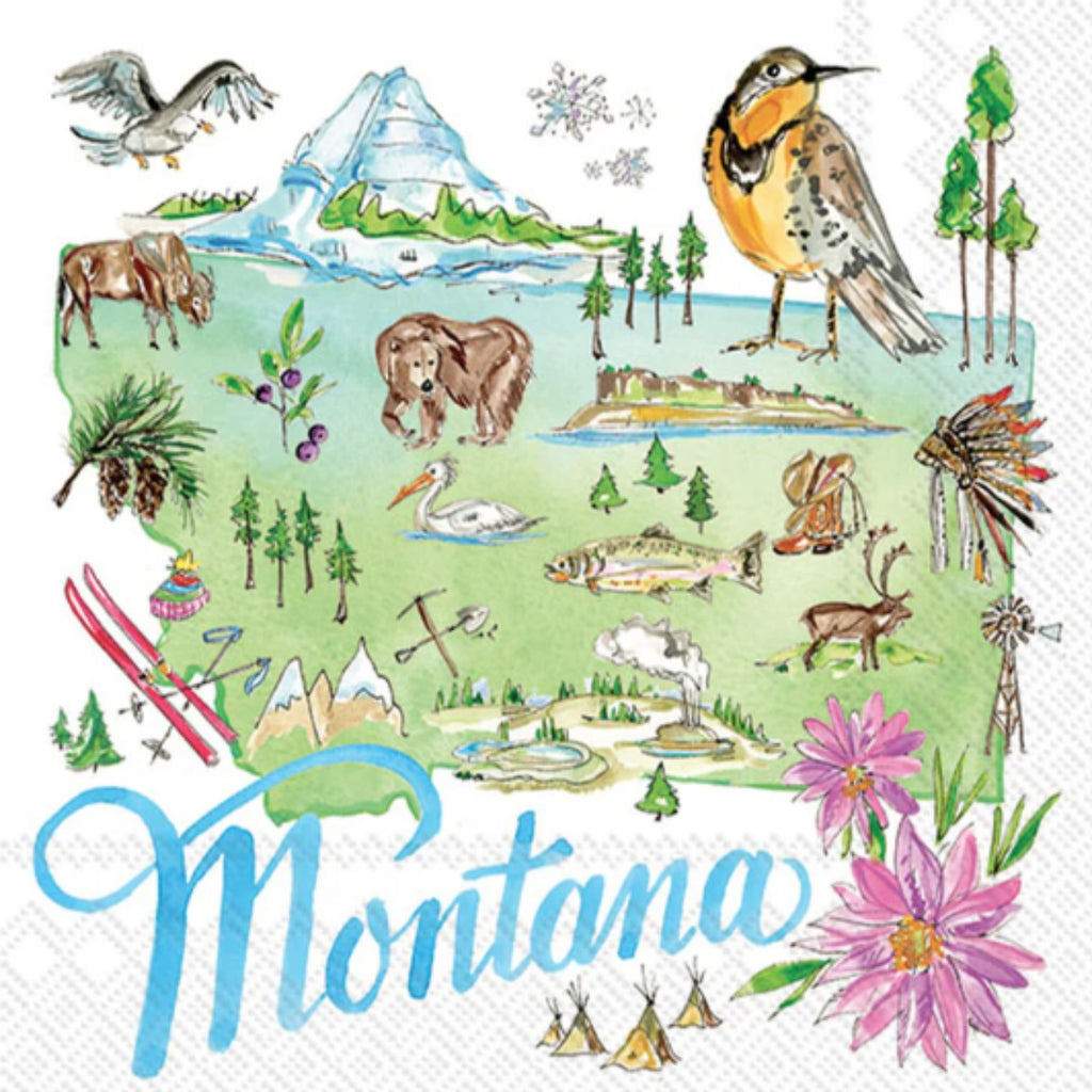 Map of Montana with various icons and animals on a white background