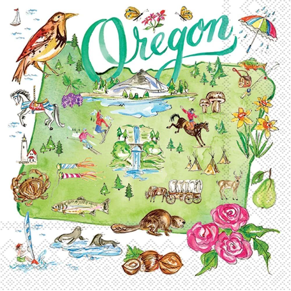 Illustrated map of Oregon with various symbols and scenic elements on a white background.