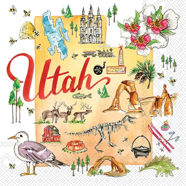 Illustrated map of Utah with various elements representing the state.