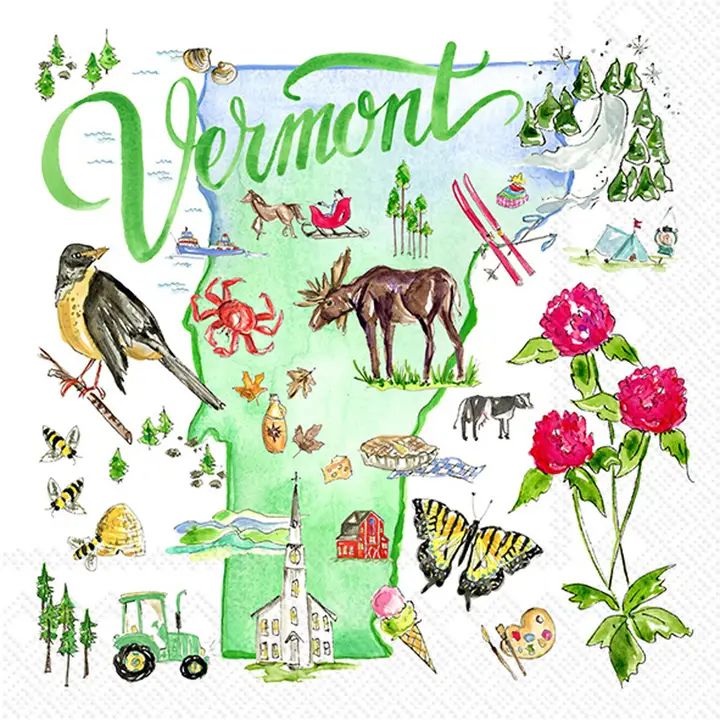 Illustrated map of Vermont with various elements like a moose, flowers, and a church.