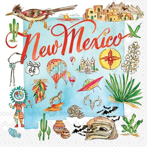 Illustrated collage of New Mexico-themed elements on a blue background
