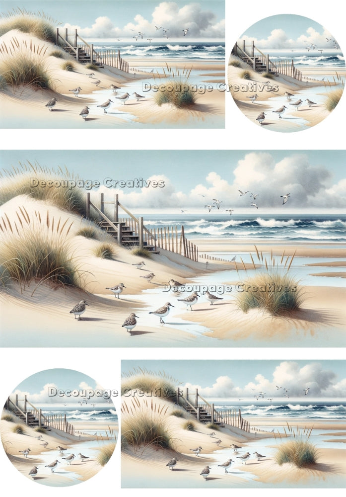 dilapidated beach stairs in sand dune at the coast with sea gulls Decoupage Creatives Rice Paper
