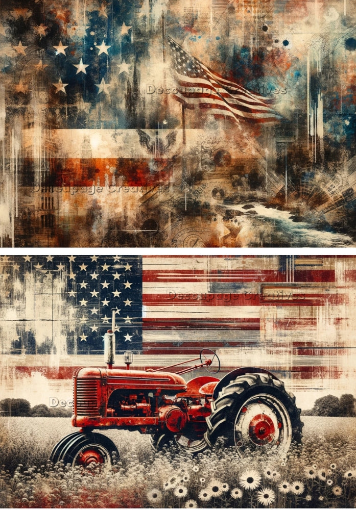 vintage red tractor on grunge flag background Decoupage Creatives Rice Paper