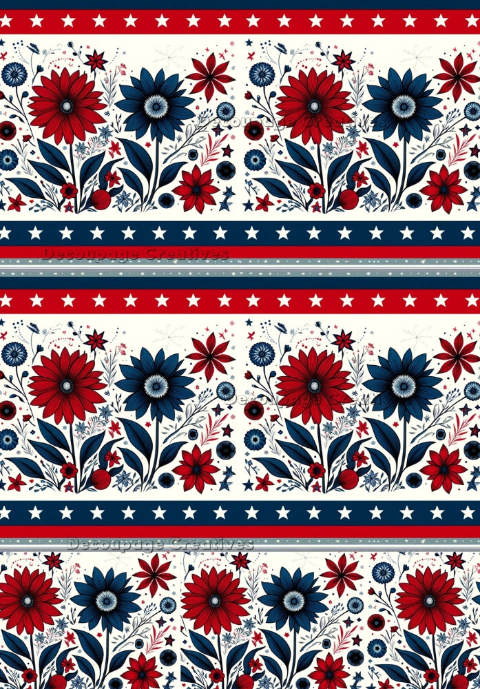 red white and blue flowers with red and white strip boarders and white stars Decoupage Creatives Rice Paper
