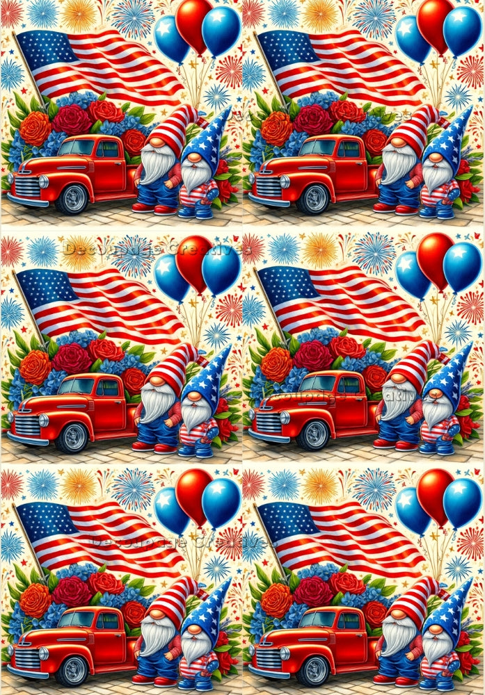fourth of july gnomes with red trucks  with  American Flag red and blue balloons Decoupage Creatives Rice Paper