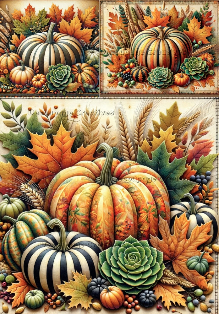 patterned pumpkins with black and orange stripes in fall foliage Decoupage Creatives Rice Paper