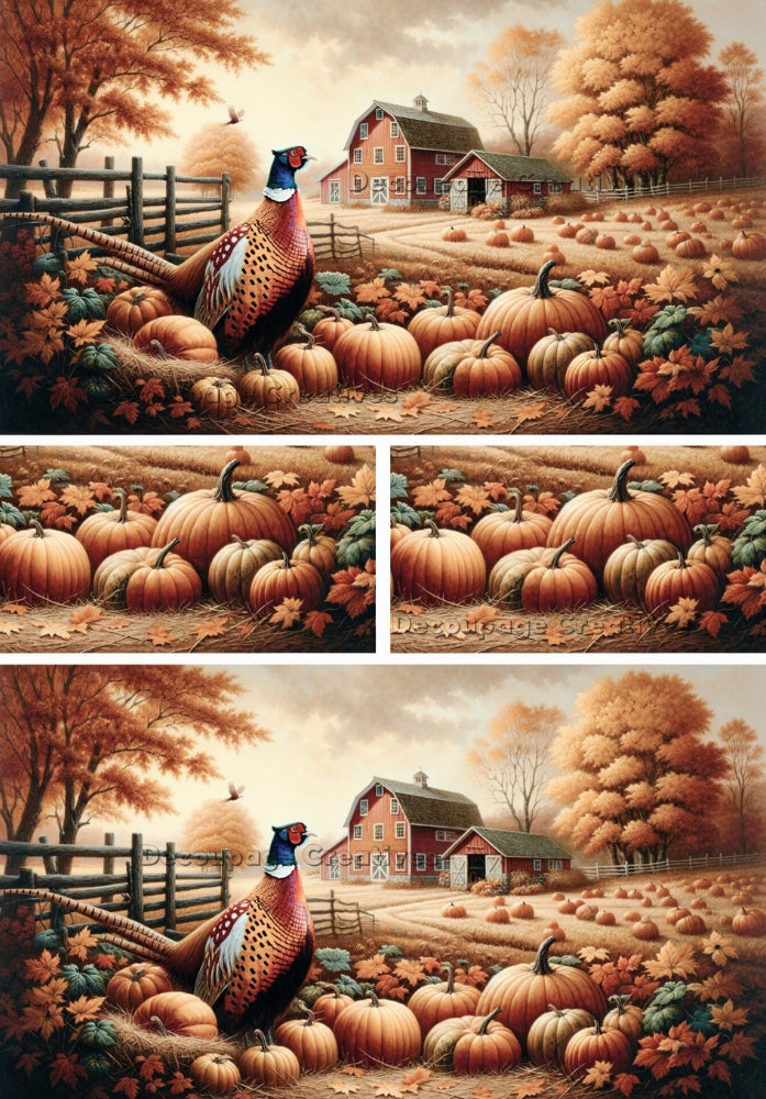 pheasants in pumpkin fields and red barn Decoupage Creatives Rice Paper