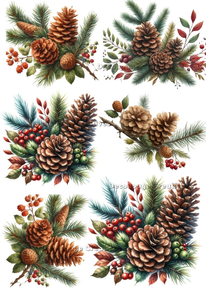 pine cones on branches with berries Decoupage Creatives Rice Paper