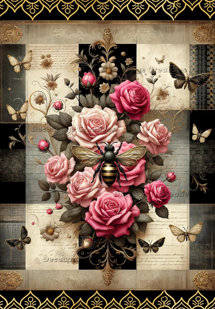 golden queen bee on red and pink roses and checkboard background Decoupage Creatives Rice Paper